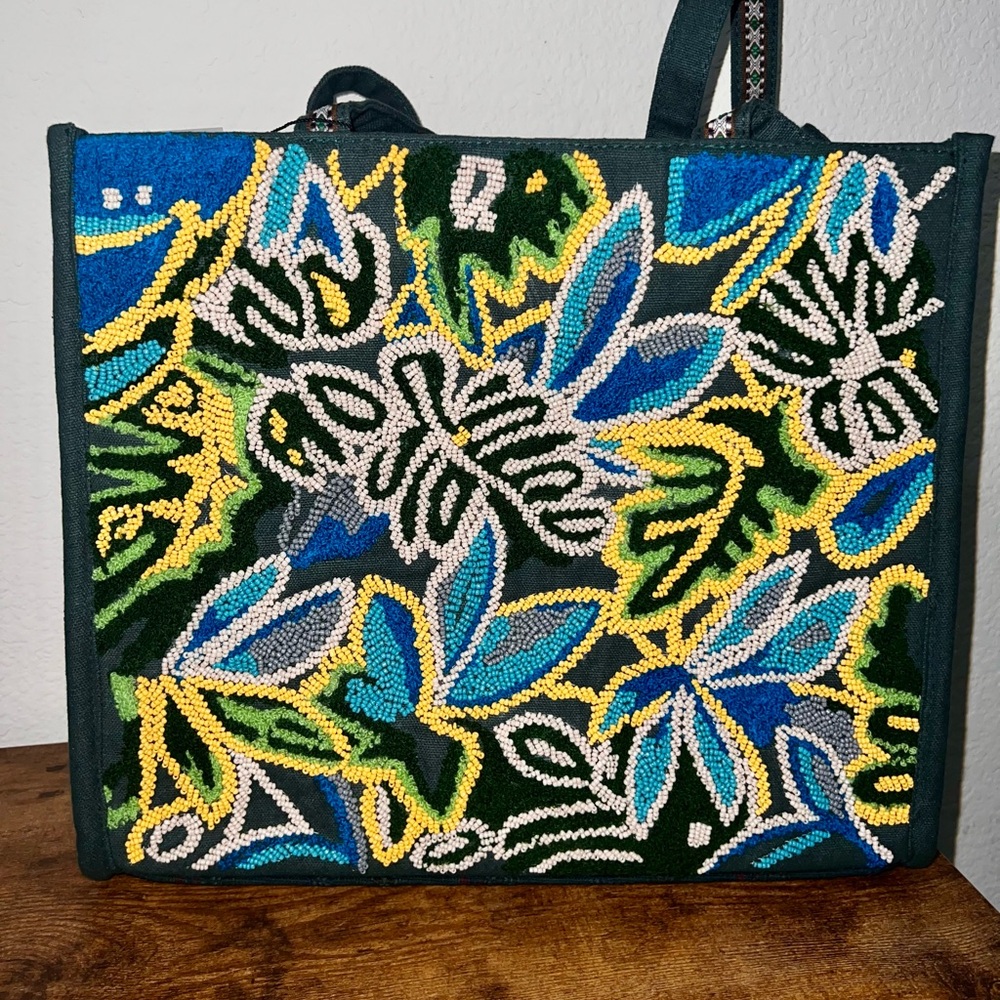 America & Beyond Beaded Evergreen Monstera Mini Tote